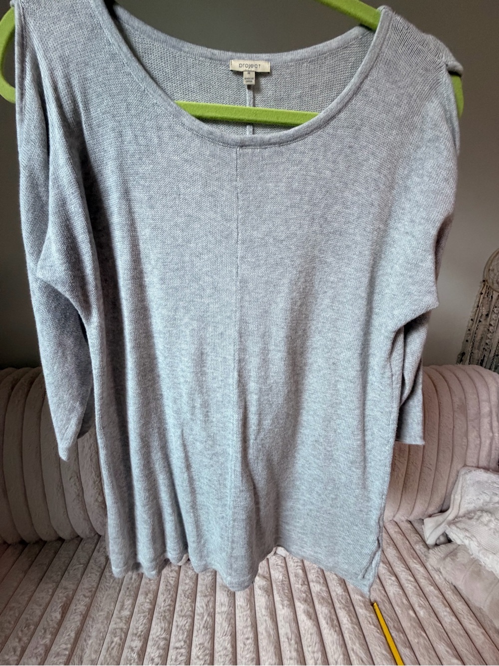 Project Light Gray Scoop Neck Open Shoulder Lightweight Knit Sweater